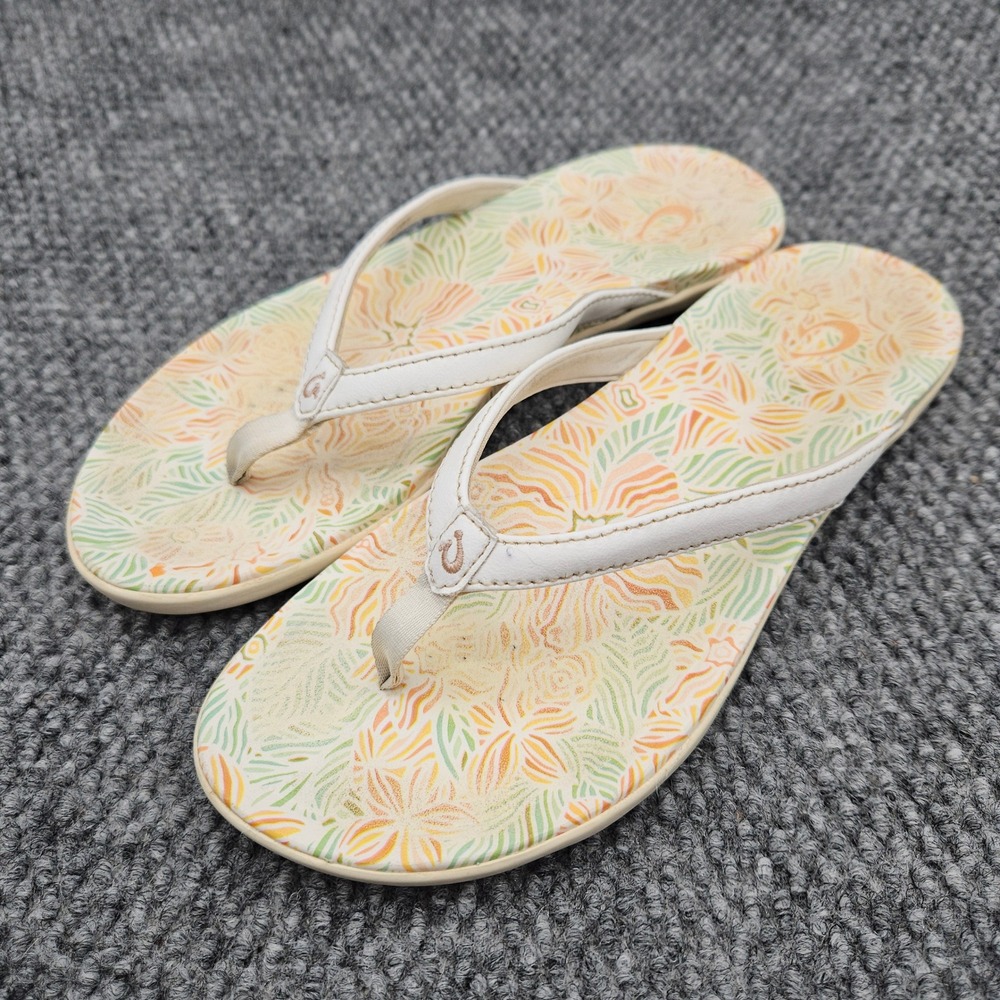 OluKai Ho'opio Hau Women 7 Flip Flop Sandals White Floral Tropical Thong Slip On